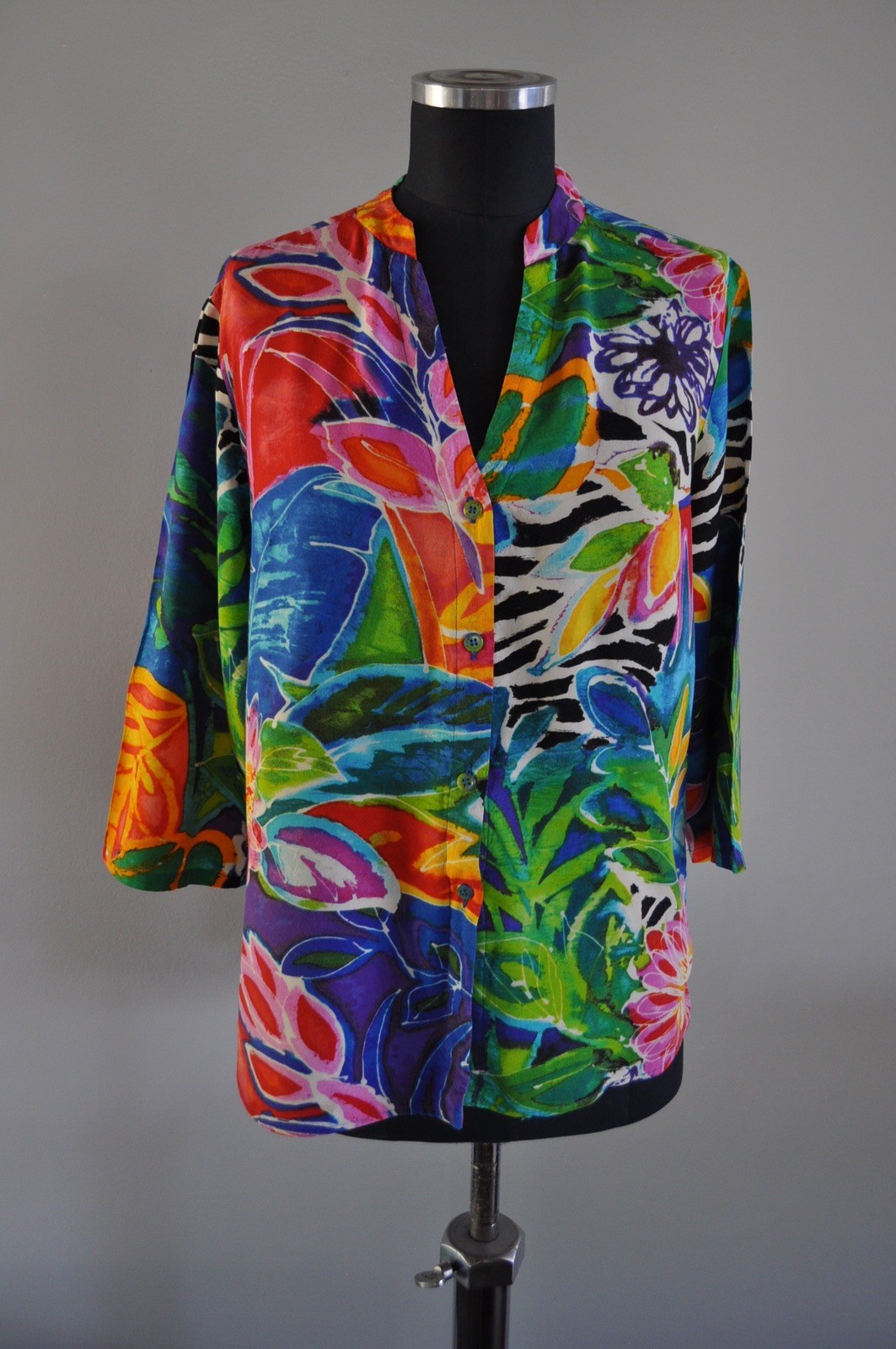 Vintage Jams World Tunic Blouse Womens Medium Multicolor Tropical Floral Rayon