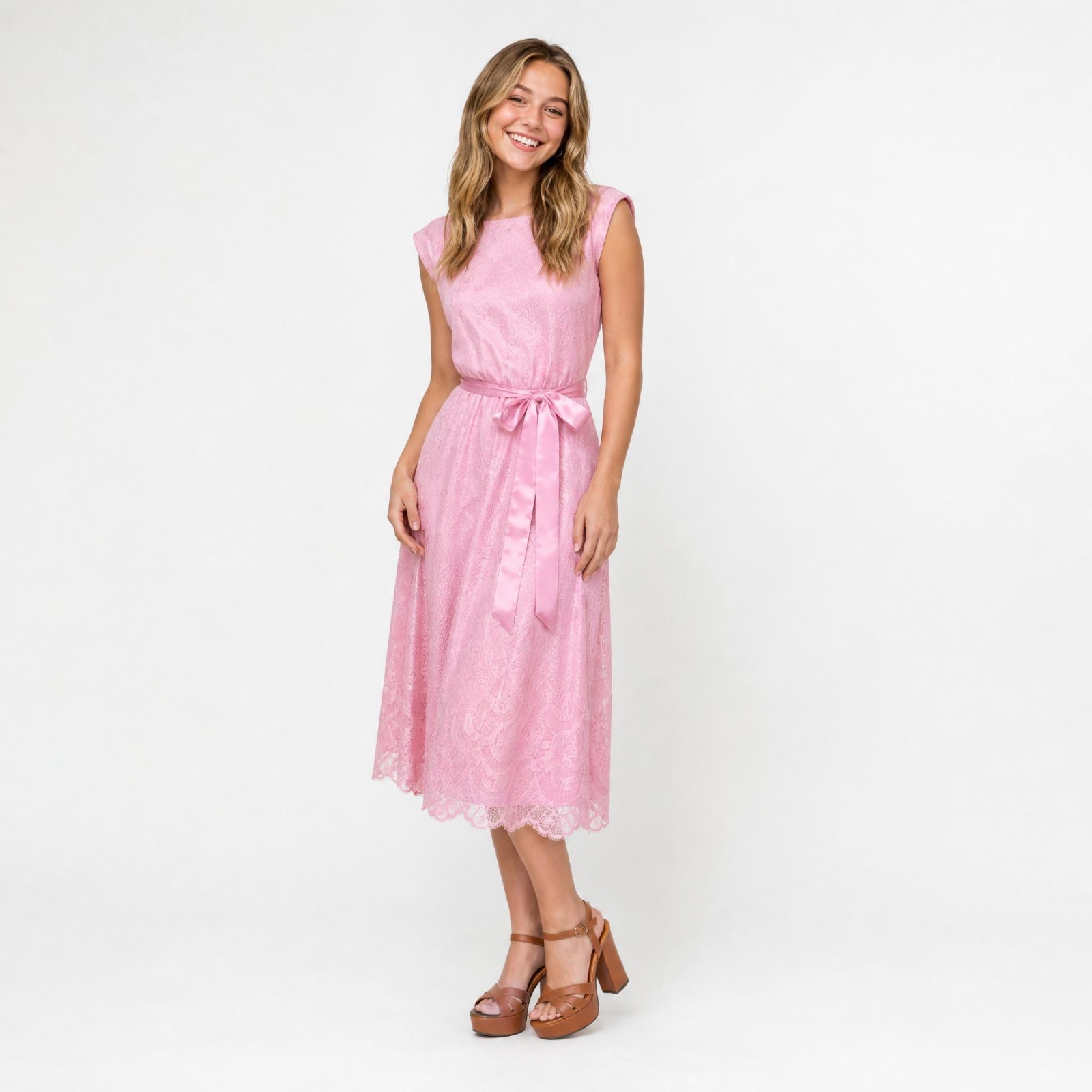 Vintage 70’s Pink Lace Satin Ribbon Belted Sleeveless Party Dress S 4 6