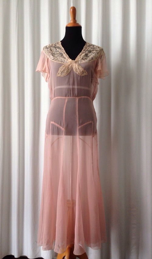Vintage 30’s Pink Sheer Silk Dress With Lace Size S