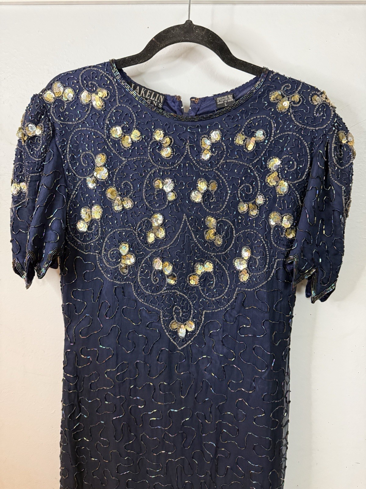 Vintage JAKELIN Designs 100% Silk Beaded Sequin Evening Cocktail Dress L NWT