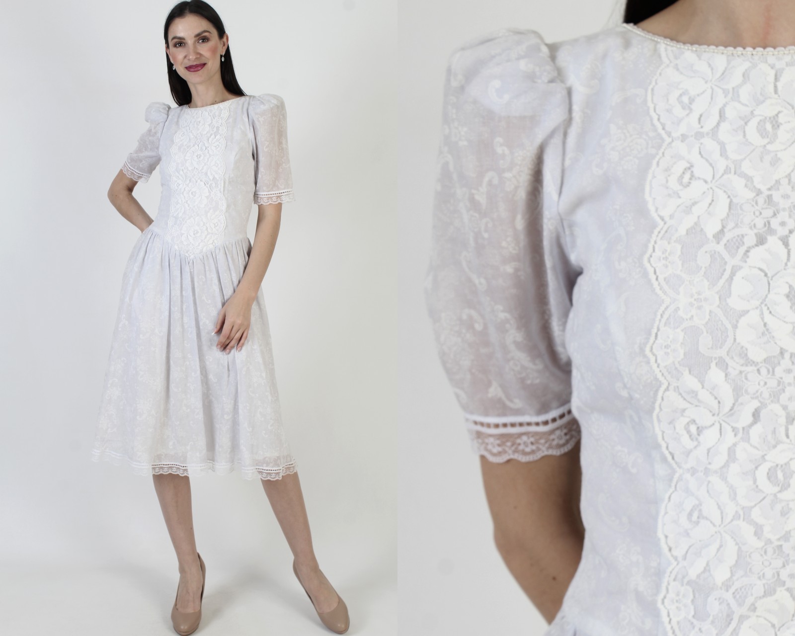 Vtg Jessica McClintock Victorian Dress Lace Full Skirt Edwardian Midi Tea Gown