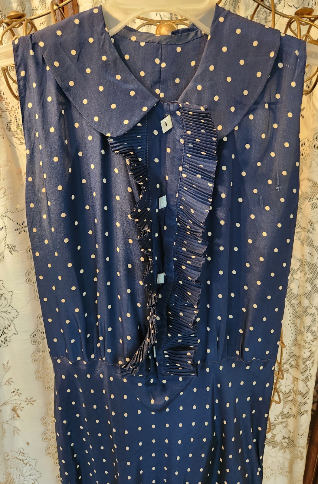 Vintage 1930s Sleeveless Navy Blue Polka Dot Dress Keyhole Back