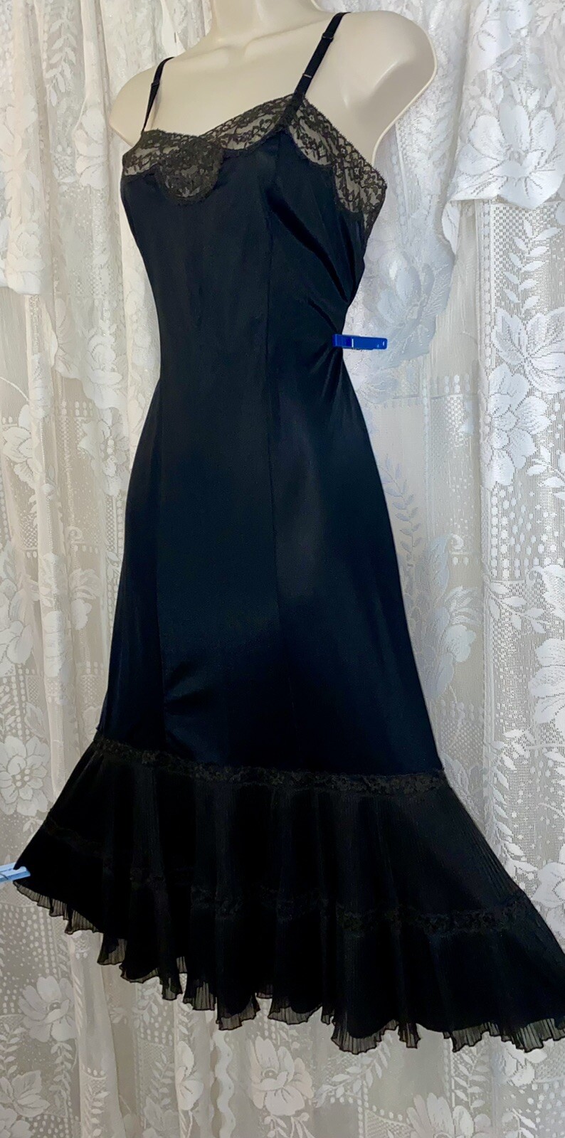 Vtg 36 Tall FANCY GOTH ROGERS BLACK NYLON Dress SLIP Pleated Chiffon Hem nightie
