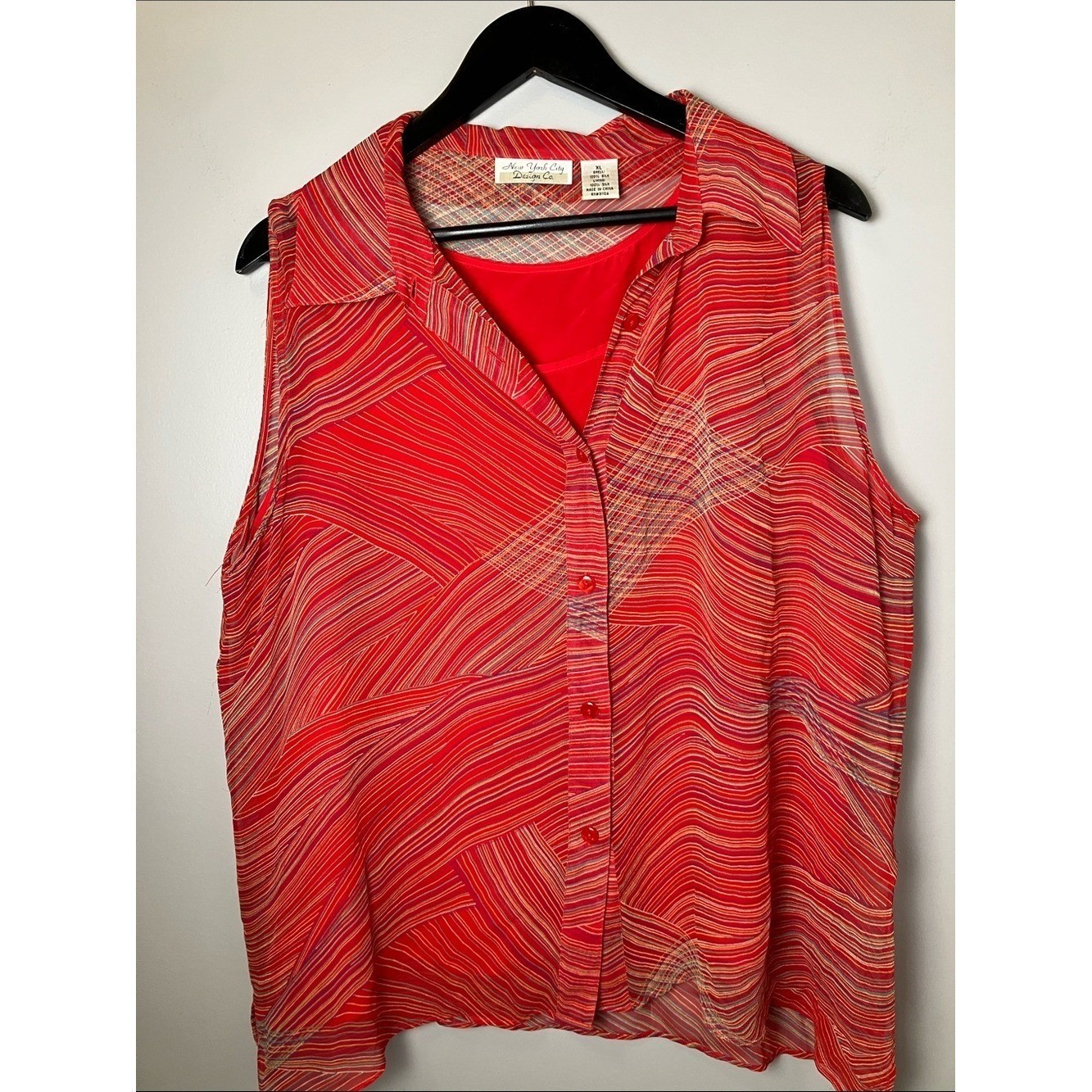 Vintage Silk New York City Design Co. Sleeveless Red Button Front Blouse Size XL