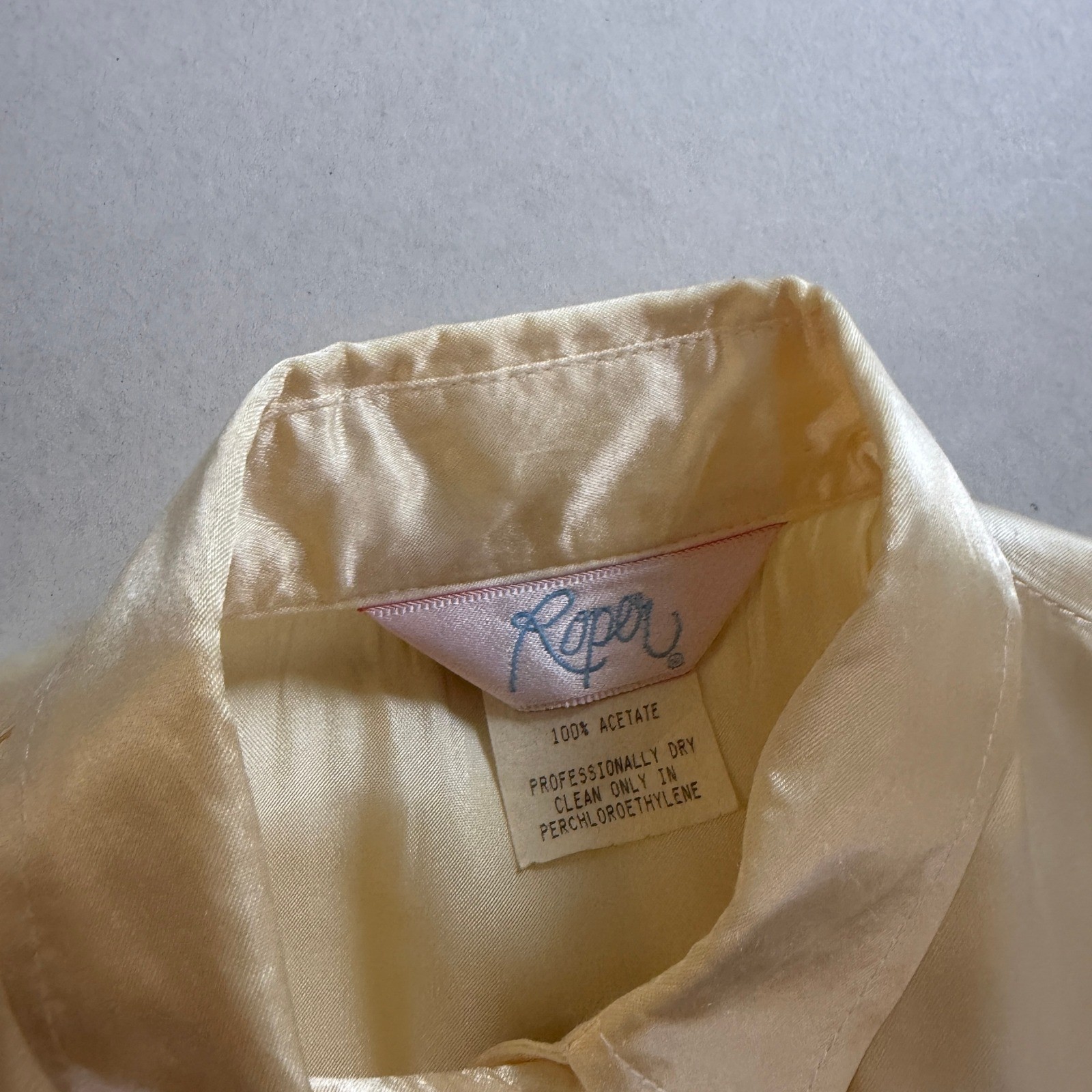Vintage 70s Roper Western Shirt Ivory Satin Fringe Pink Embroidery Pearl Small