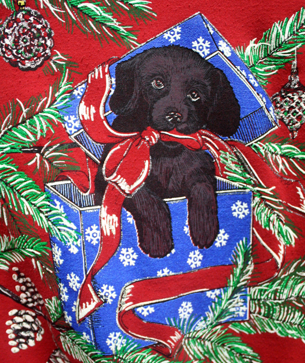 VTG Holiday Time Womens Sz Small Red Christmas Sweatshirt Puppy Present Ornament