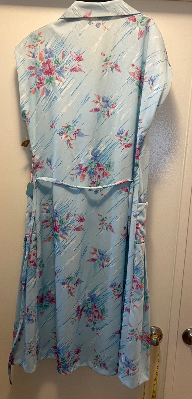VTG 70s House Dress Women Floral Vneck Collar Button Tie Waist Blue Pink Floral