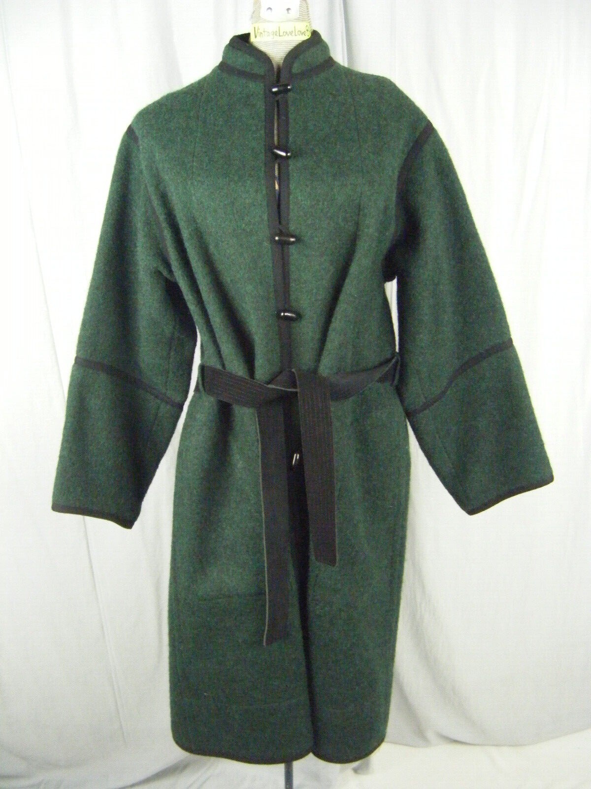 YVES SAINT LAURENT RIVE GAUCHE Vtg 90s Dk Green Blk Wool Belt Coat 40-Bust 46/L