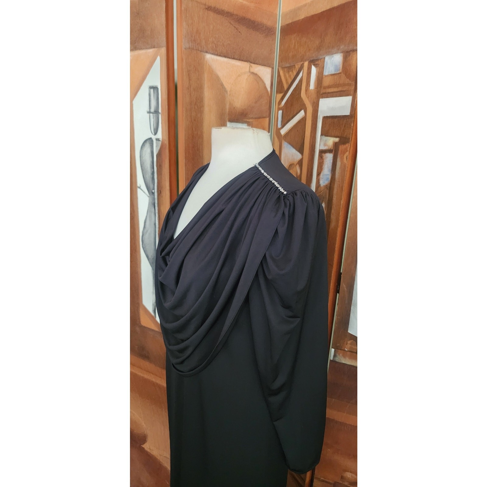 VTG 80s Oscar de la Renta Swirl Evening Dress Black + Rhinestones Cowl Neck M
