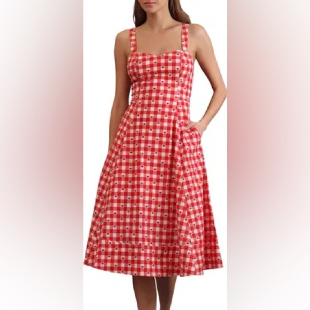 Avec Les Filles Red Gingham Cherry Print Midi Dress Size 6 Sweetheart Rockabilly