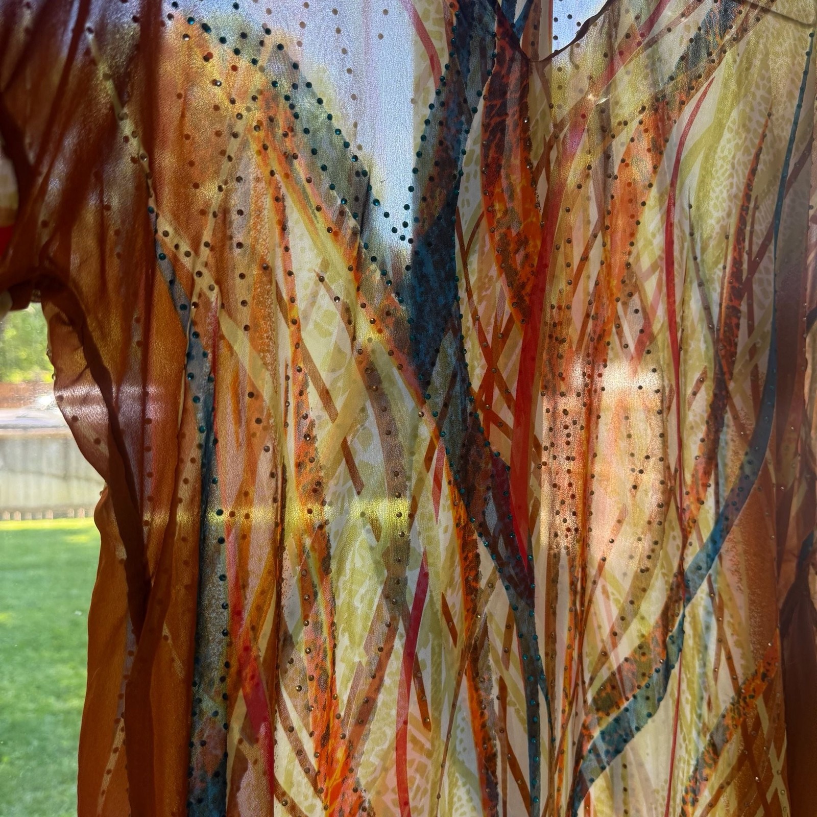 Vintage Sheer Chiffon Beaded Caftan Maxi Dress with Abstract Print