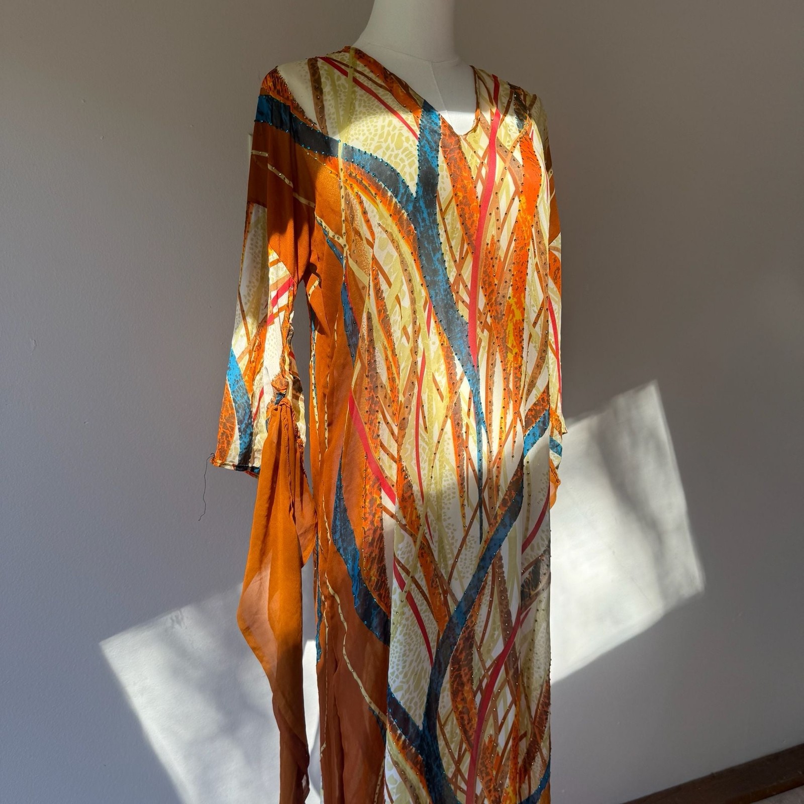 Vintage Sheer Chiffon Beaded Caftan Maxi Dress with Abstract Print