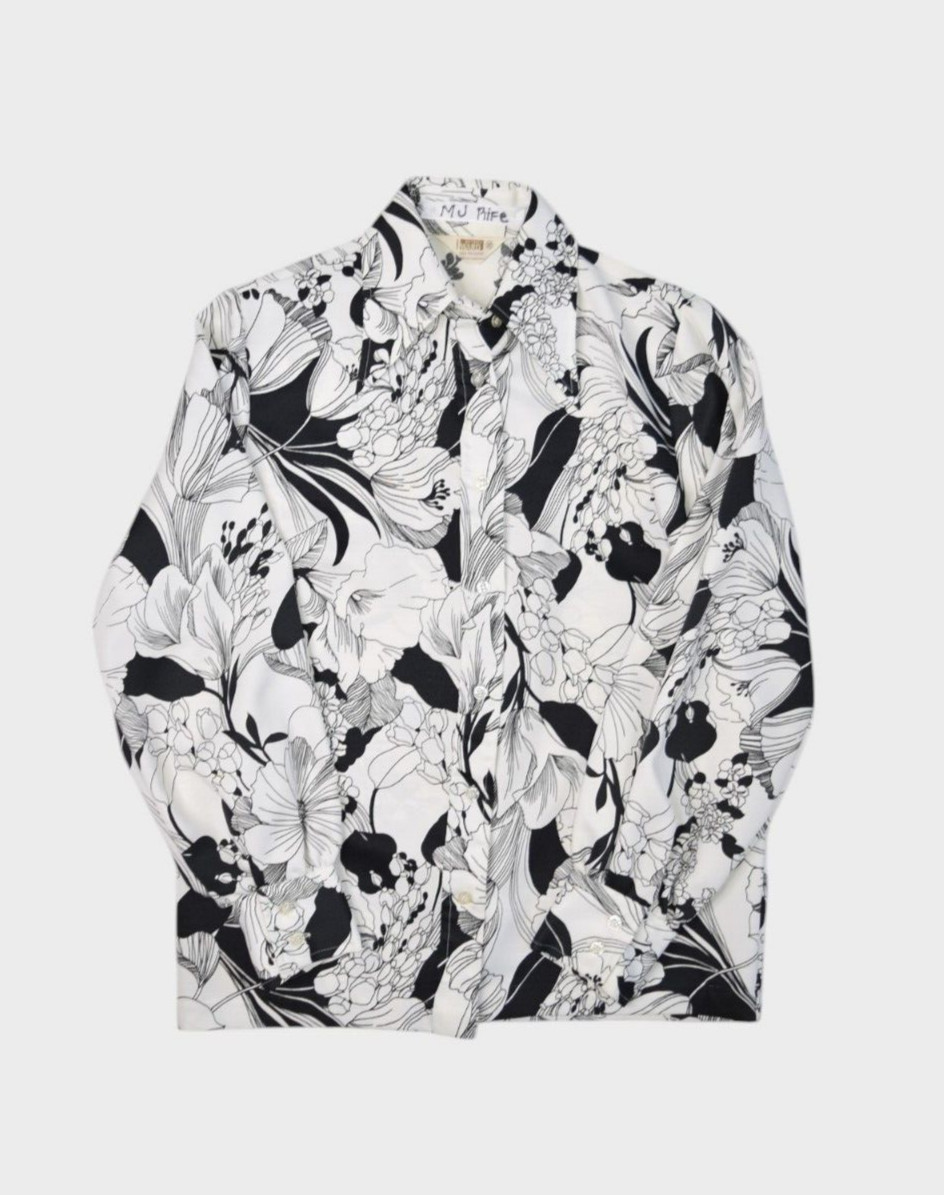 Vintage Montgomery Ward Shirt Womens Medium Floral Black White 70s Dagger Collar