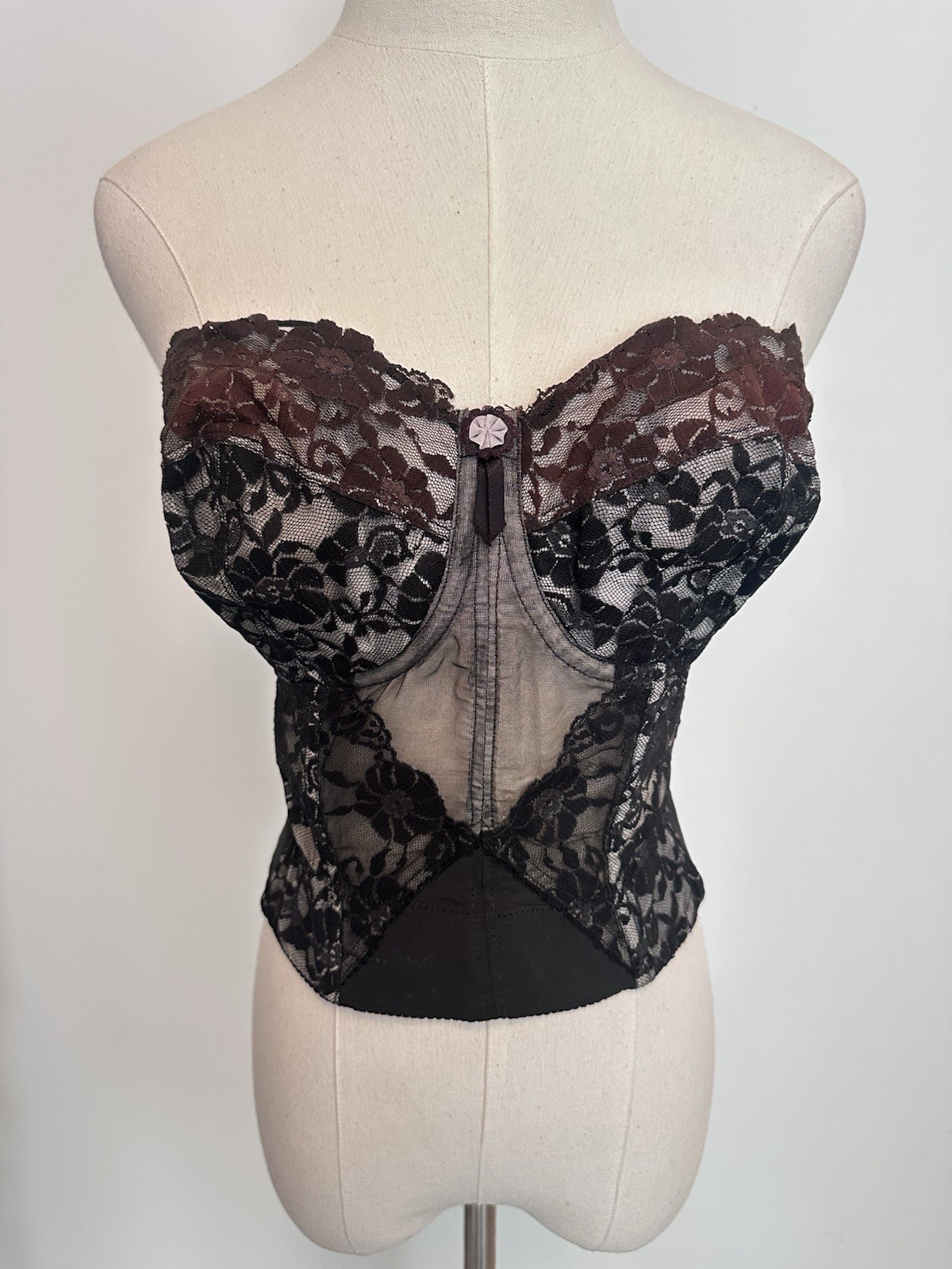 Vintage Black Lace Lady Marlene Bustier Bra Size 34D Made In U.S.A. Strapless