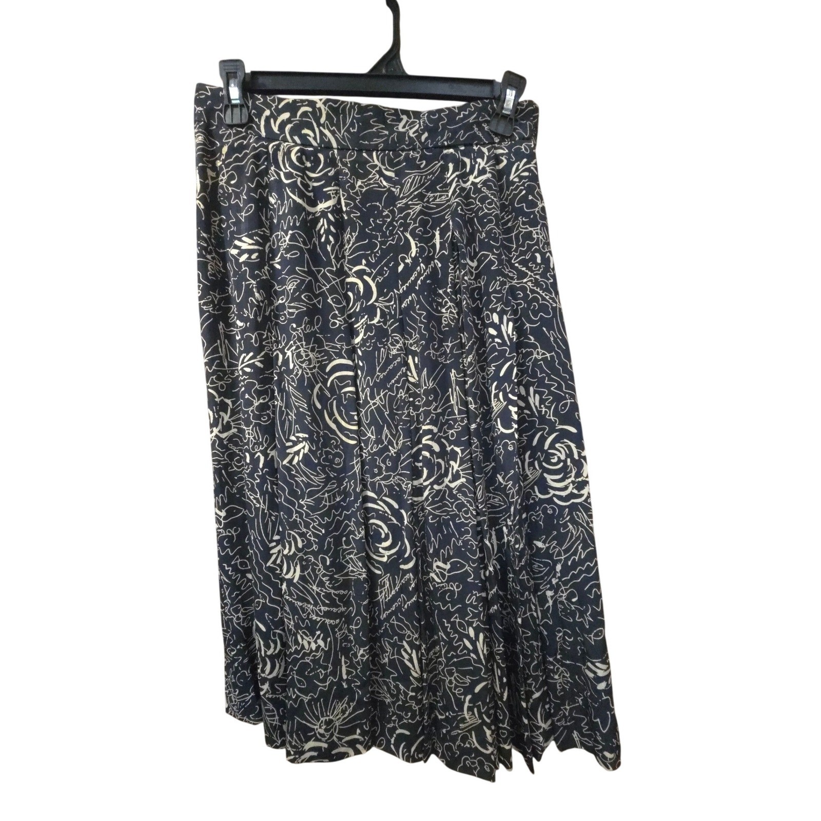 Vintage Jaeger Silk Blend Abstract Doodle Print Pleated Midi Skirt Black 8
