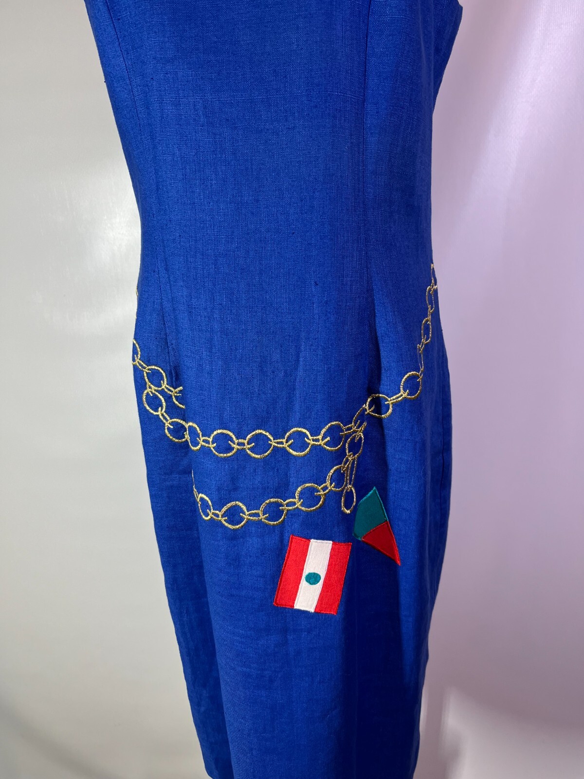 Vintage Bouillabaisse Size 6 Blue Linen Sheath Dress Embroidered Nautical *Flaw