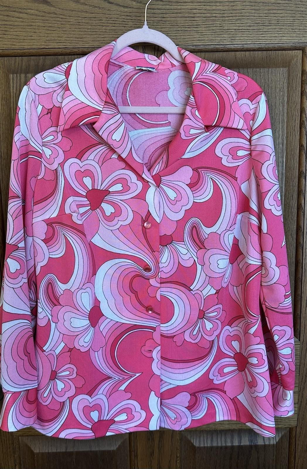 🔥RARE True Vintage 60s 70s Era Pink Psychedelic Long Sleeve Shirt FlowerPower M