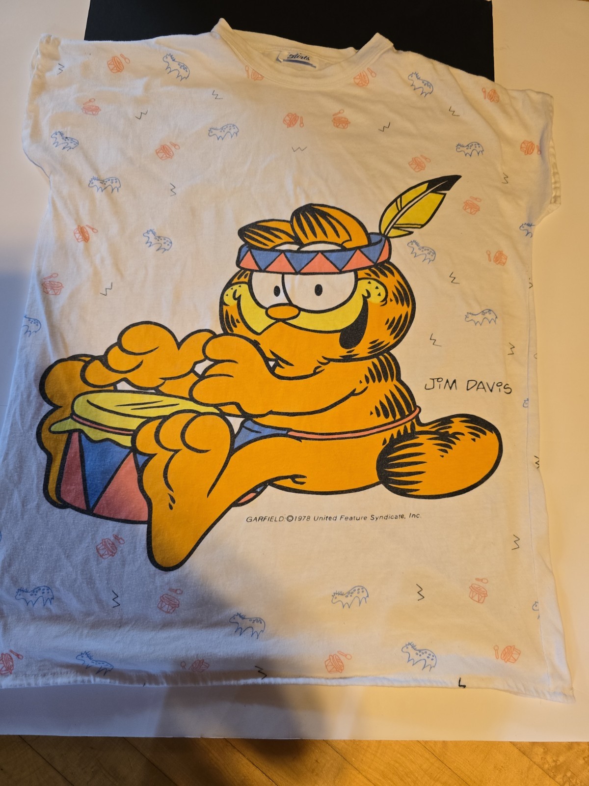 Vtg 1978 Flirts Garfield AOP Dbl Sided Night/Lounge Shirt Single Stitch 22.5×29″