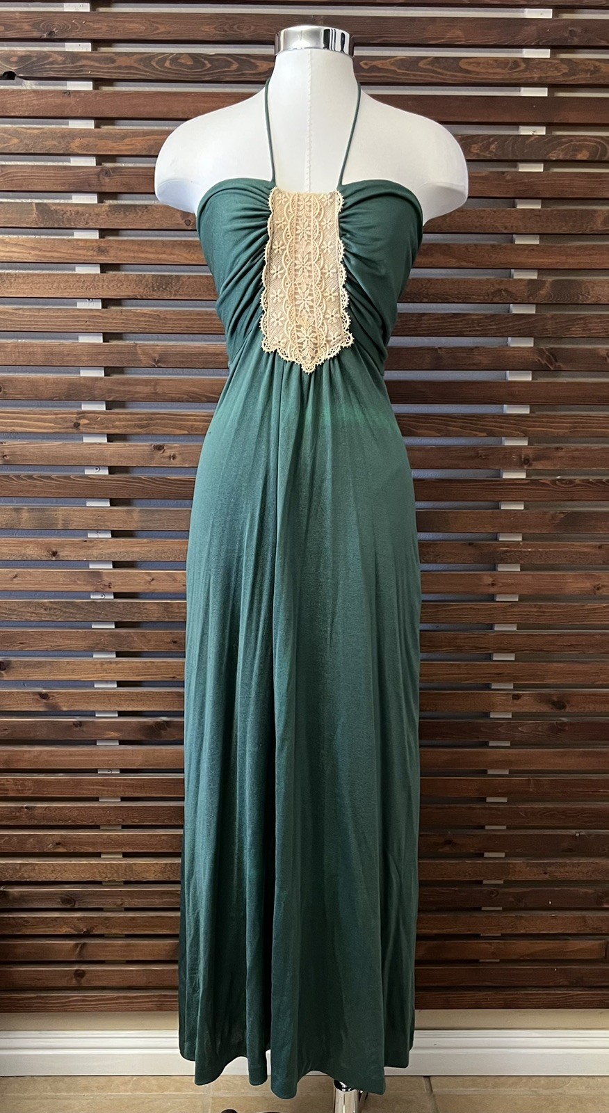 1970s Vintage Green Disco Halter & Lace Spaghetti Strap Empire Waist Maxi Dress