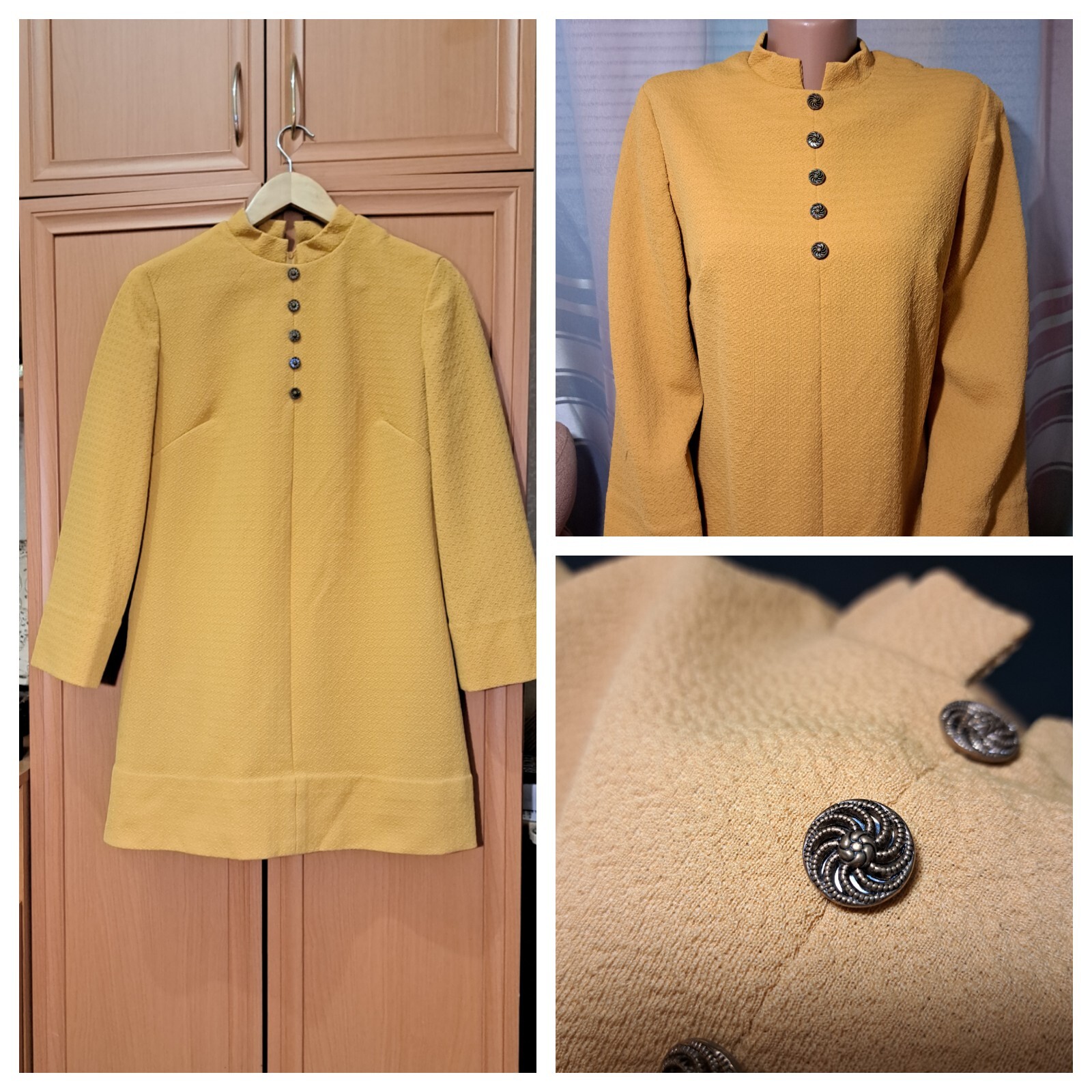 Custom Made Long Sleeve Stand Collar Mini Dress Tunic Retro Mustard Crimplen