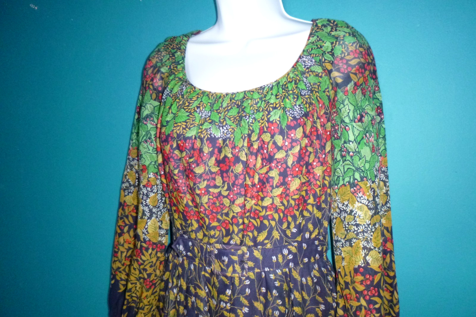 Vtg 60s 70s Miss Elliette Cotton Organdy Maxi Dress Botanical Floral Sz S/M