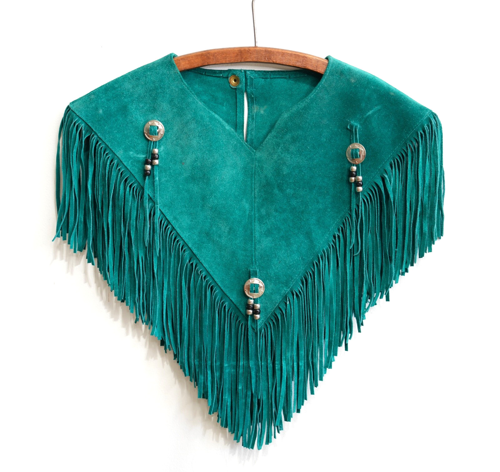 Vtg Suede Leather Fringe Poncho ~ Coachella Stagecoach ~ Green Western Cow Girl