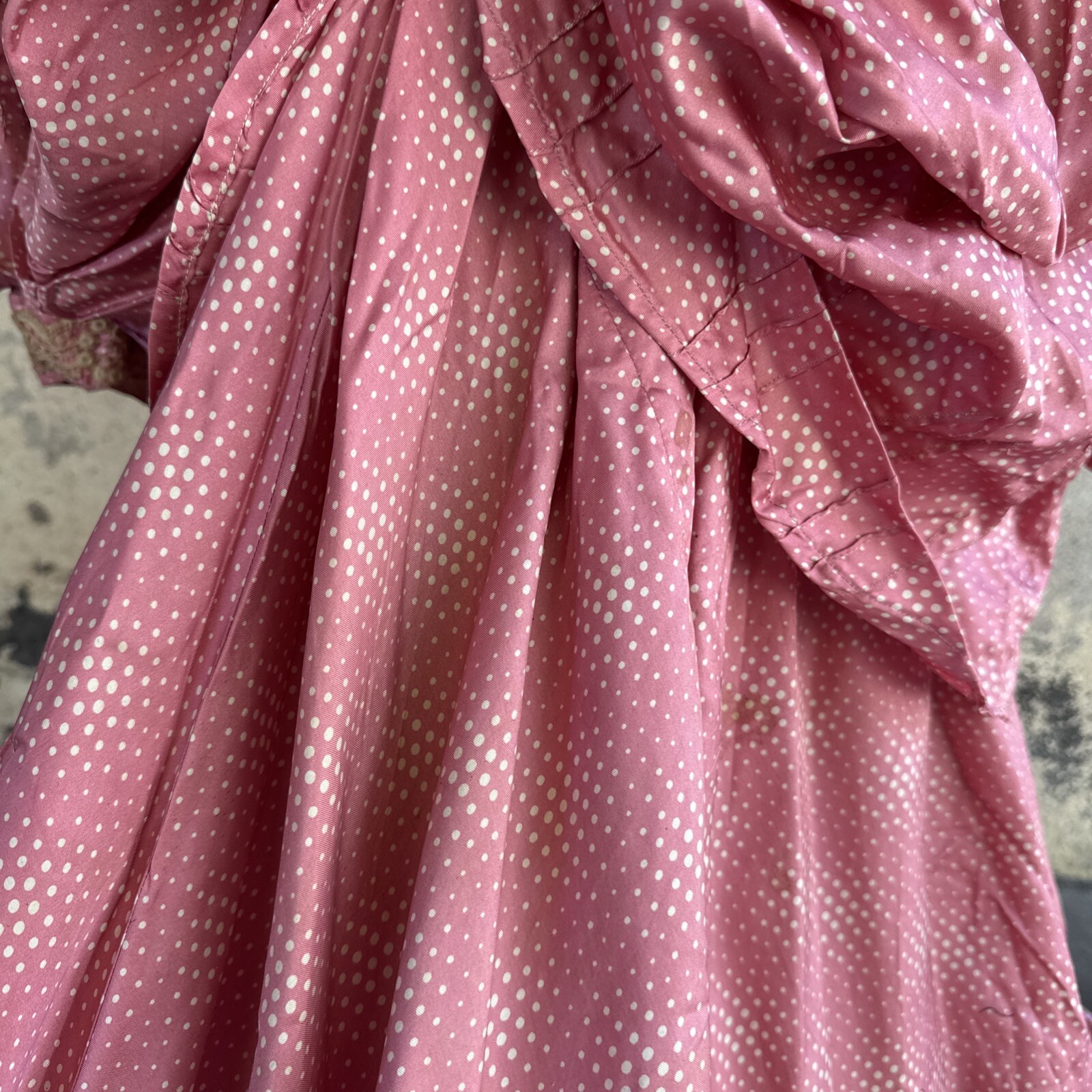 Antique Victorian Pink Silk Dot Print Dress Side Bustle Gown Lace 1880s Vintage