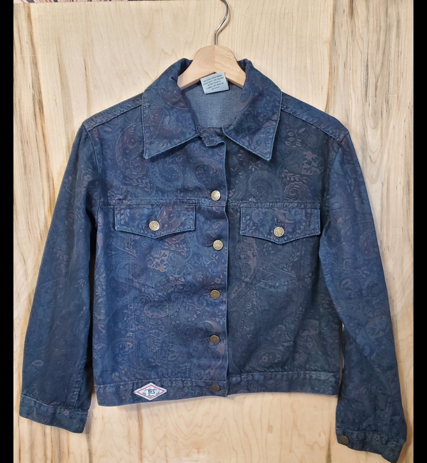 YES Clothing Co Womens Vintage 80s Dark Wash Paisley Denim Trucker Jacket Size S
