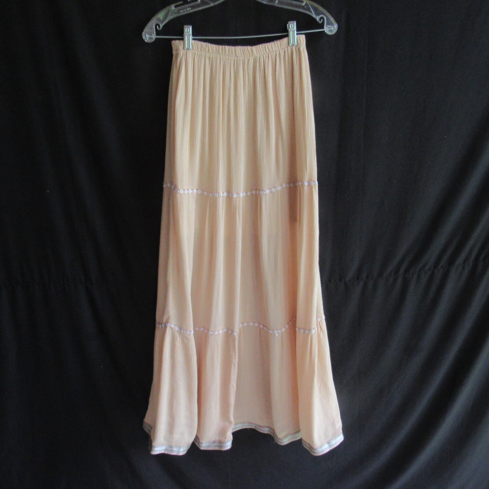 Vintage Skirt Tall Gal S XS Beige Pink Silver Trim Gauze Maxi Tier Ric Rac