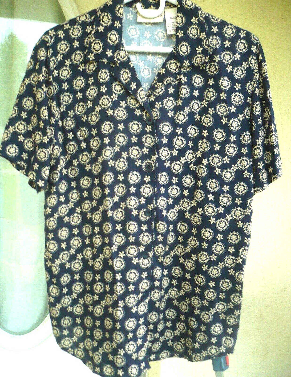VTG 90S WORTHINGTON ESSENTIALS S S/S BUTTON UP FLORAL GEOMETRIC NAVY BLUE BLOUSE
