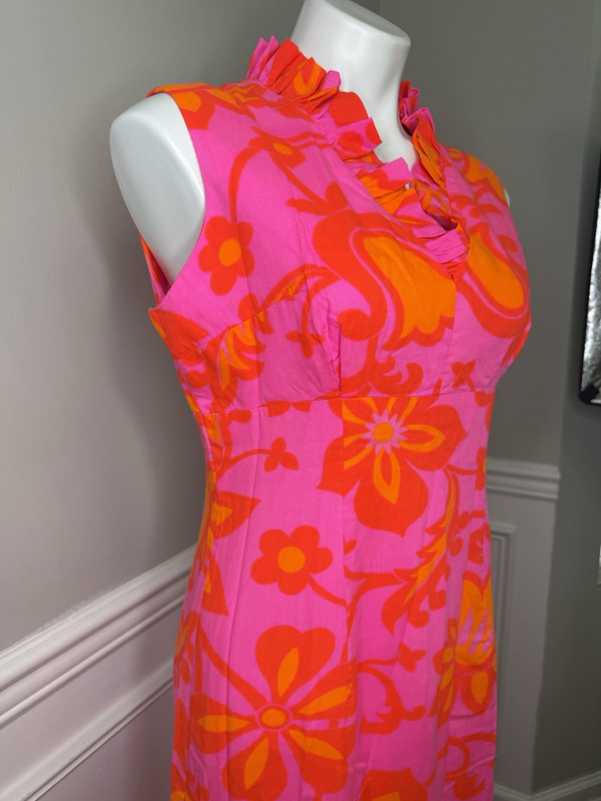 Vintage 4 60s 70s Hawaii M Psychedelic Floral Print maxi Dress Bright Pink N