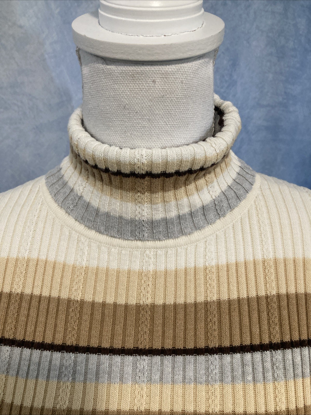Vtg 90s Liz Claiborne Lizsport Striped Ribbed Turtleneck Sweater Cotton Petite