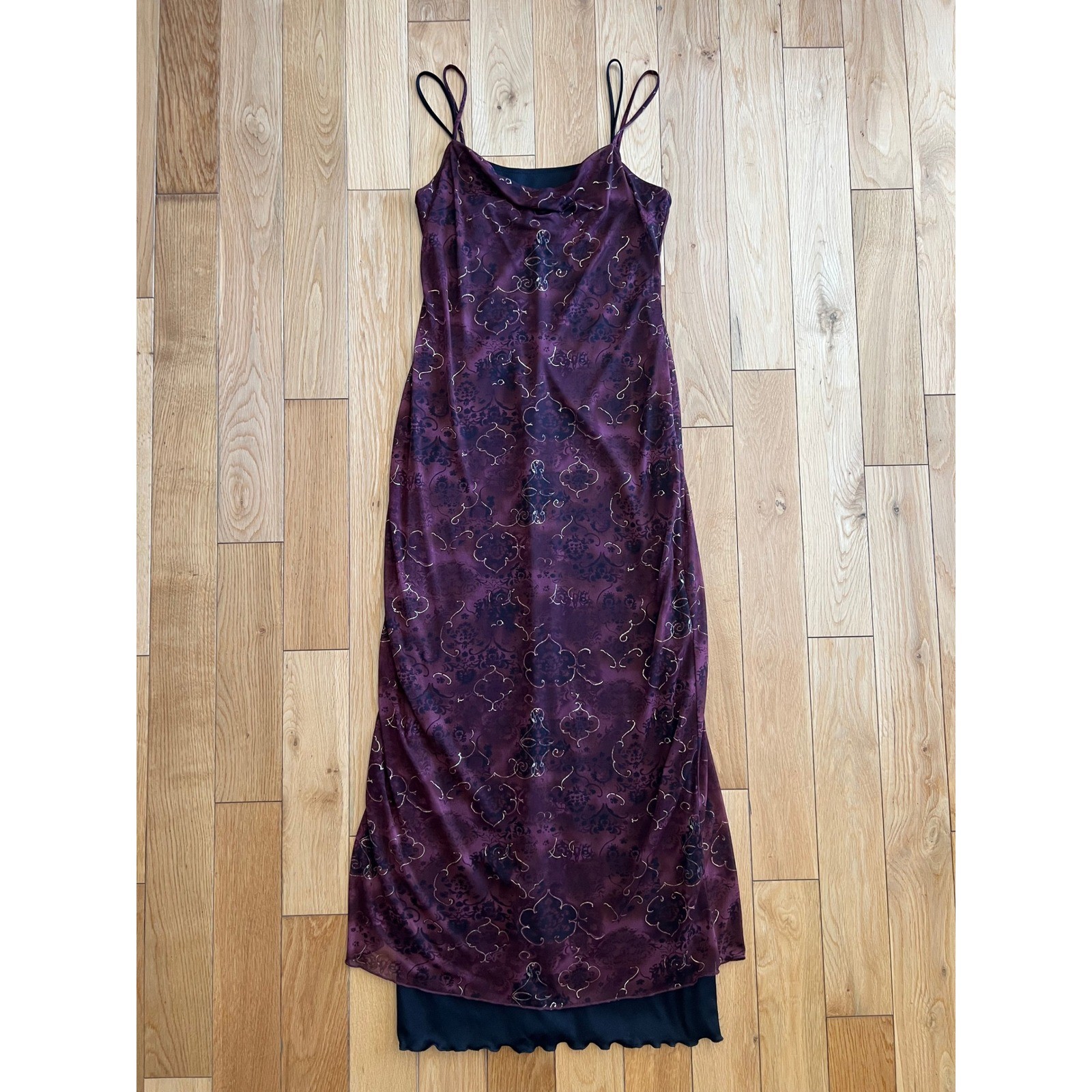 Vintage 90s Ecru Studio Layered Midi Dress Stretch Maroon Black Whimsygoth Sz M