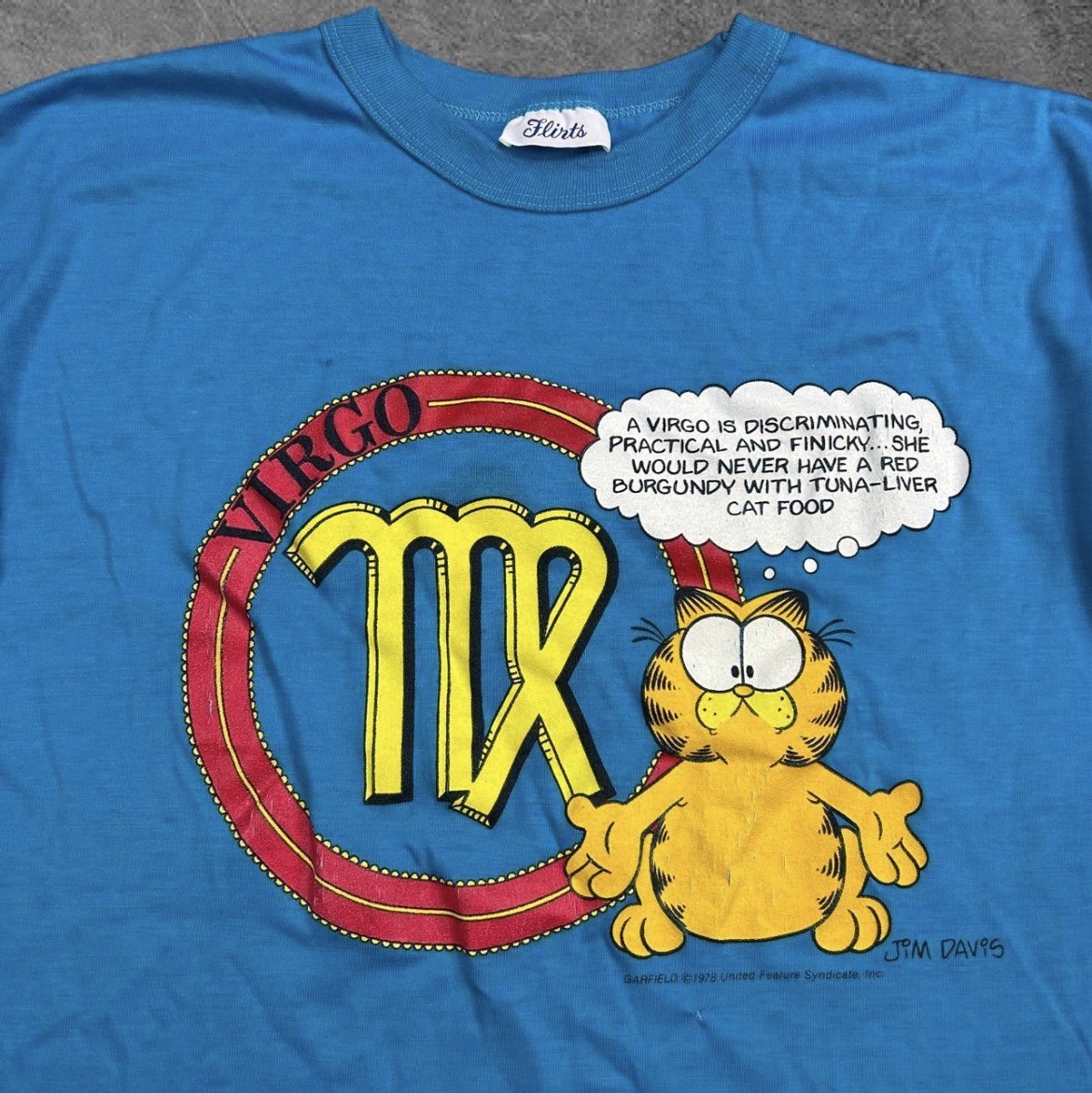 VTG 70s 80s Garfield Virgo Astrology Comic Faded Blue Art Sleep Shirt OSFA