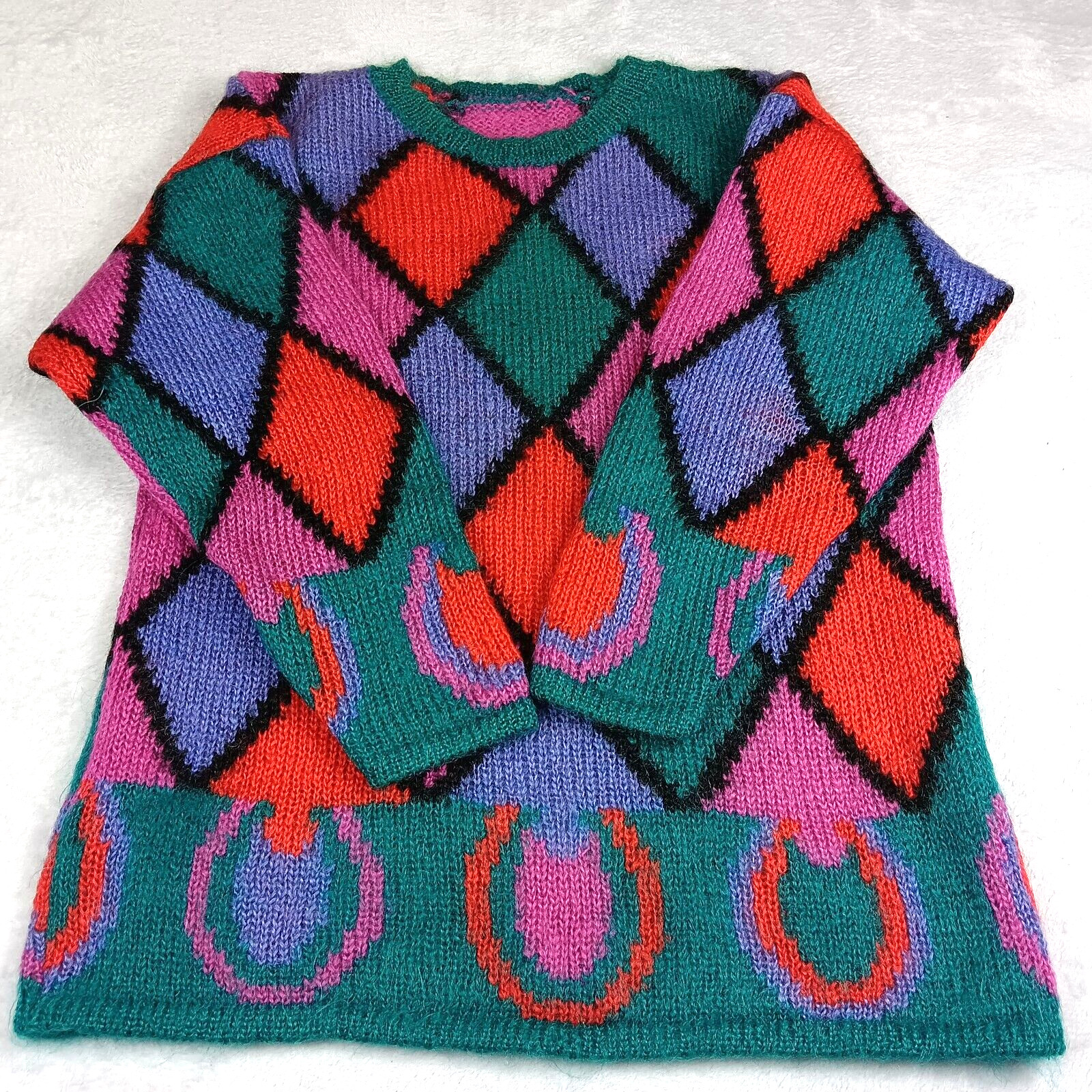 Vintage 1980s Geometric Argyle Pattern Pullover Sweater Mohair Wool M/L