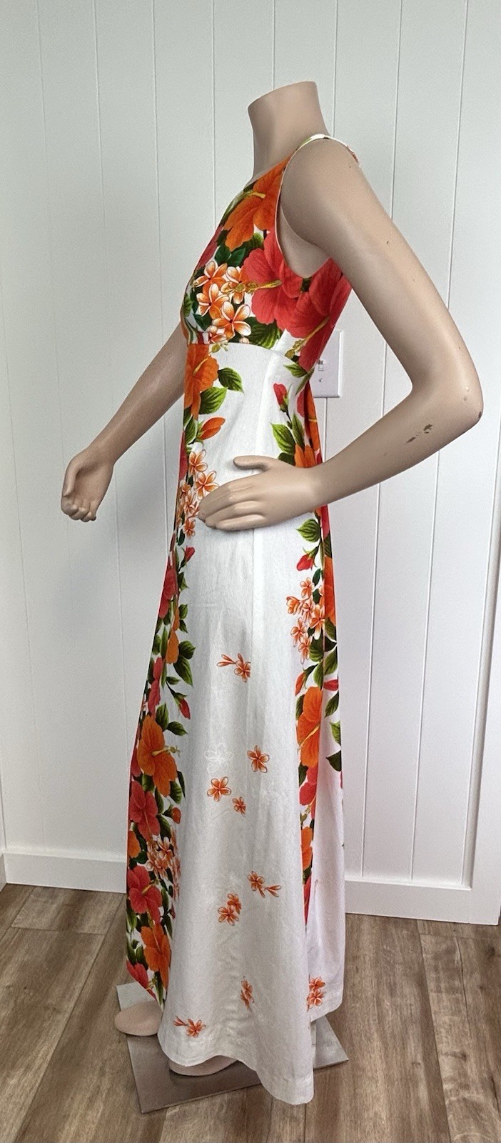 Vintage Barkcloth Hawaiian Maxi Dress XS Waterfall Back Ui-Maikai
