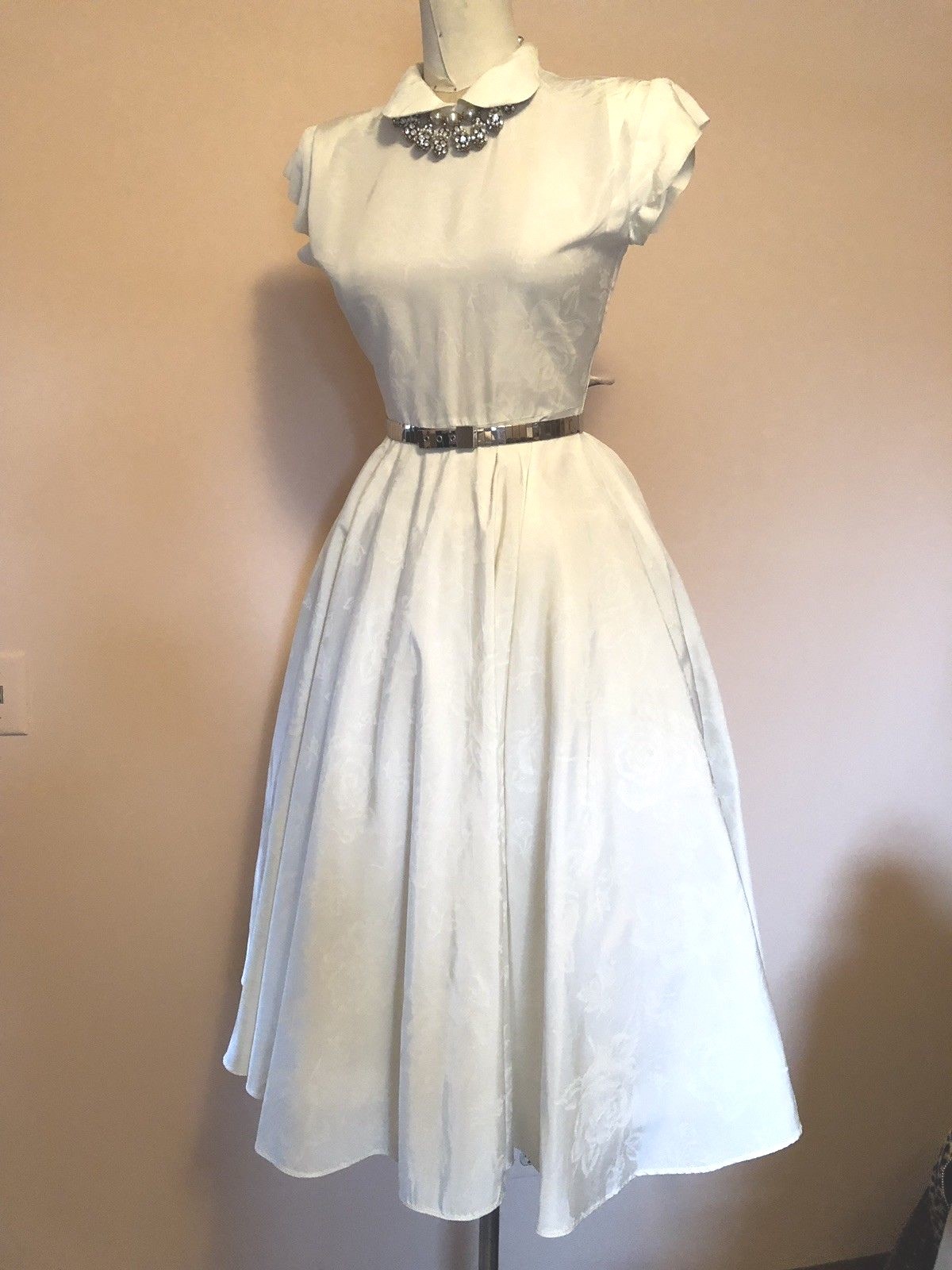 1950 Fit N’ Flare Rockabilly BRIDAL, SMALL, DANCE Dress Sz 8, IVORY ROSE jAQUARD
