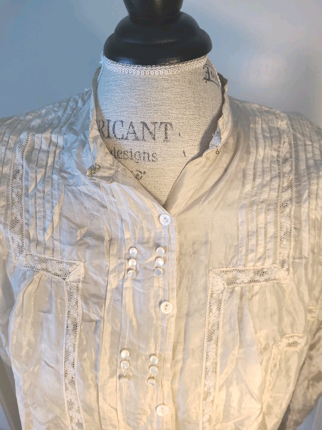 Antique 1800s 1900s Silk Lace Blouse M/L Edwardian Victorian Gothic Pearl Button