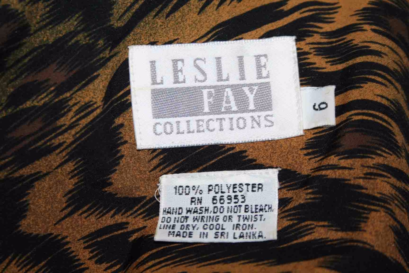 M Animal Print Vtg 80s Dress Leslie Fay Black Brown Camel Black Wide to Slim Slv