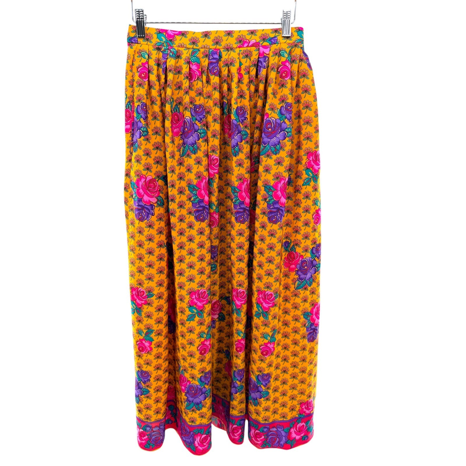 Miss O by Oscar de la Renta Vintage Silk Floral Maxi Skirt Yellow Pink Size 8