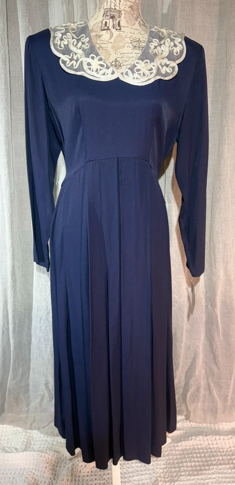 Deadstock NWT Vtg 90s EXPO Midi Dress Iridescent Navy LACE Soutache Collar 12