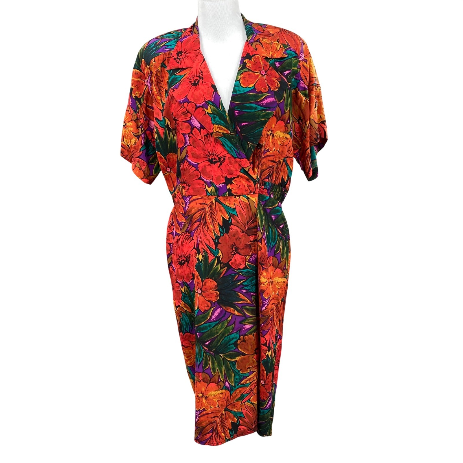 Michelle Stuart Silk Dress Womens 10 Multicolor Tropical Floral 80s Resort Midi