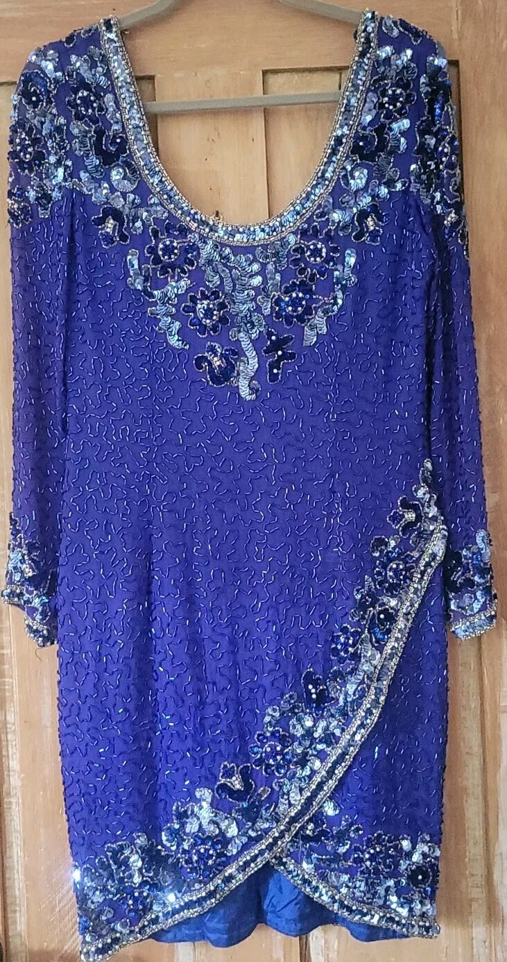Vtg Oleg Cassini Black Tie Dress Size 12 Silk Beaded Evening Royal Blue *read*