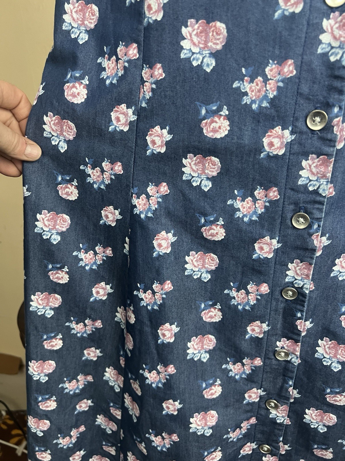 VTG Sleeveless Denim Jumper Floral Cotton Poly Dress Petite Large Cottage Core