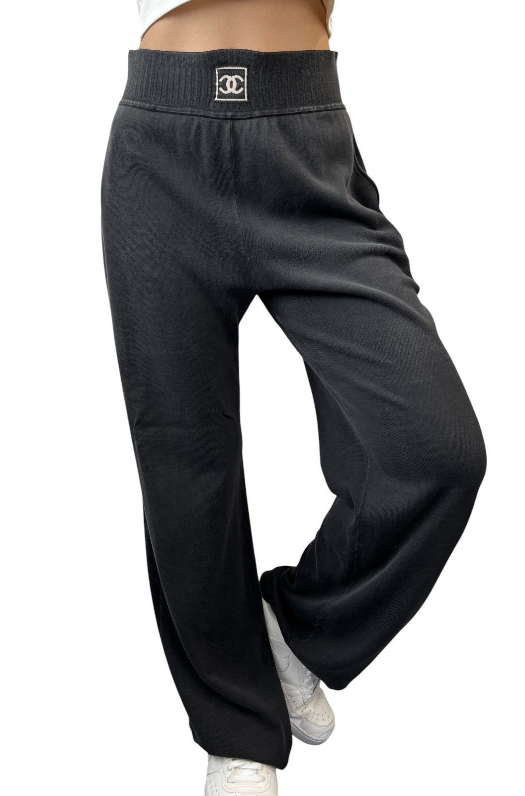 CHANEL Sport Vintage 03A CC Logo Wide Sweat Pants #42 Gray White Cotton 902069