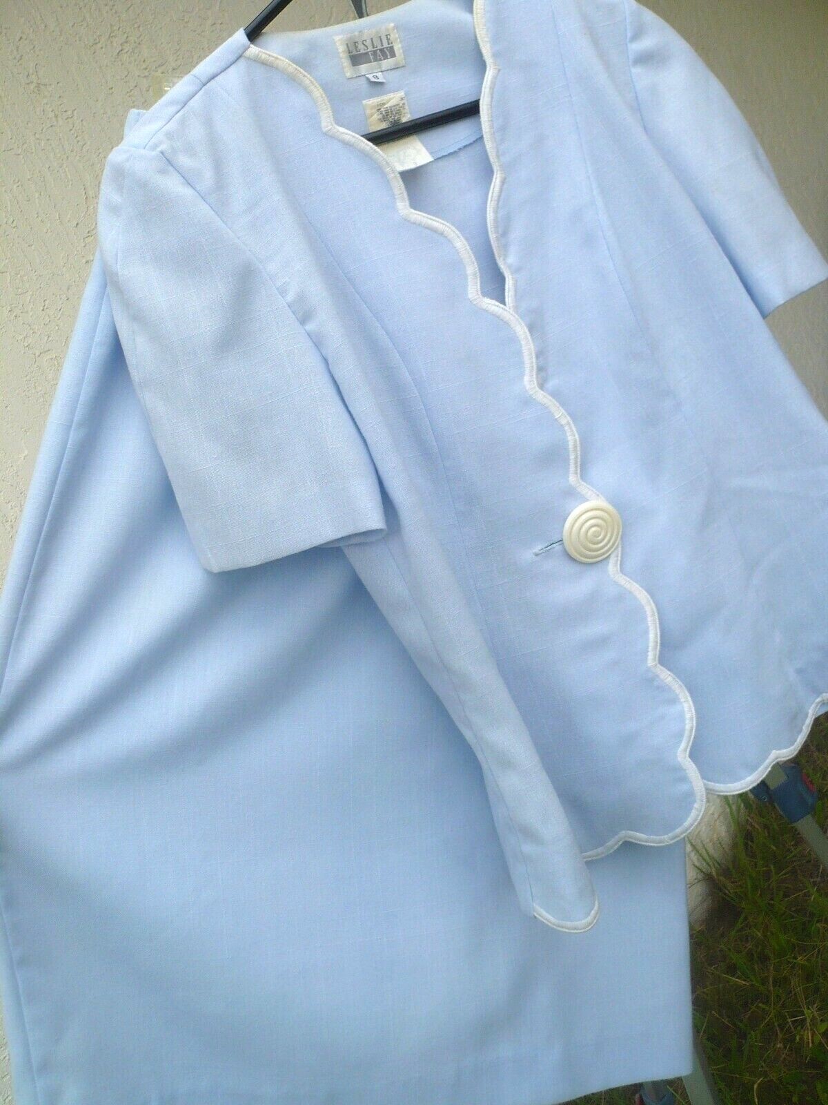 VTG 80S LESLIE FAY CHAMBRAY BLUE SUIT SET JACKET SKIRT S M 8 RAYON POLY OUTFIT