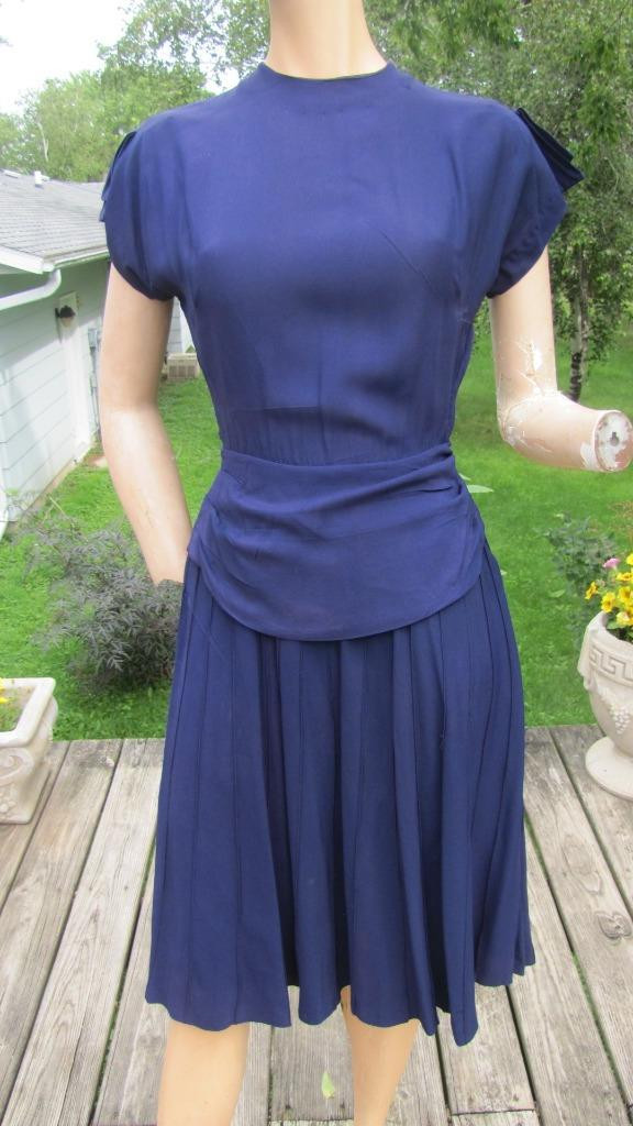 VTG 40s Navy Blue Jersey Knit Peplum Dress Back Bustle 24W