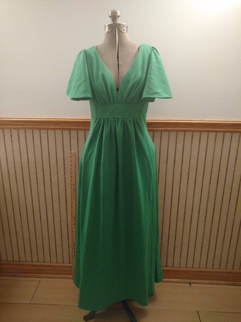 Vintage Dress Green Double Knit Polyester Maxi Dress Size 13 14