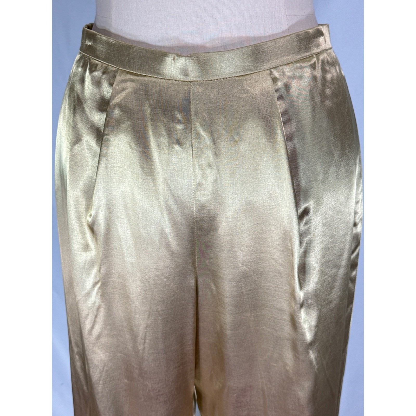 Vintage Joan Raines Gold Metallic Satin Tapered Pants High Waisted Pleated USA