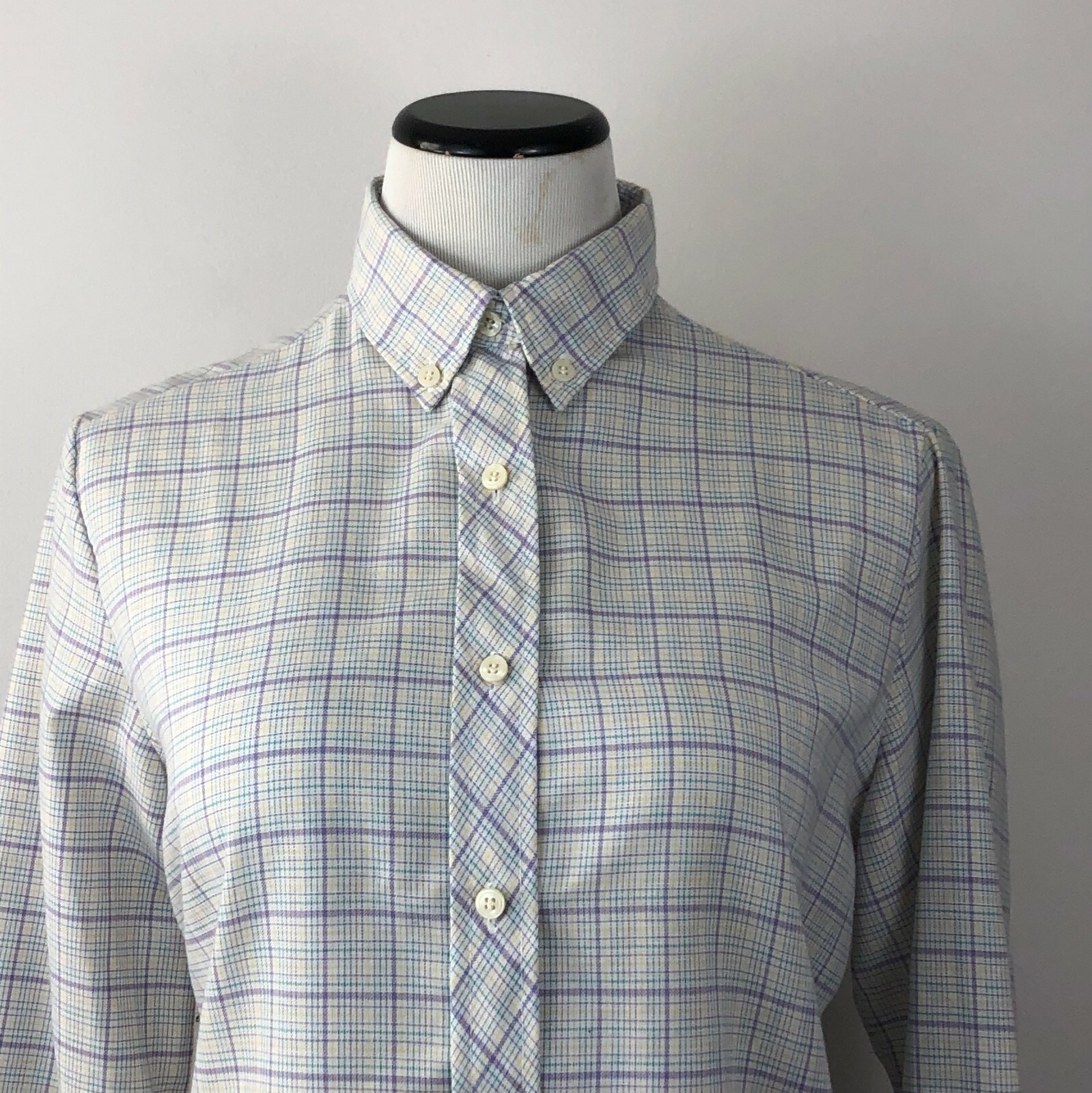 Square One Women’s Vintage Button Up Blouse 1980’s Pastel Grid, Geek, Normcore